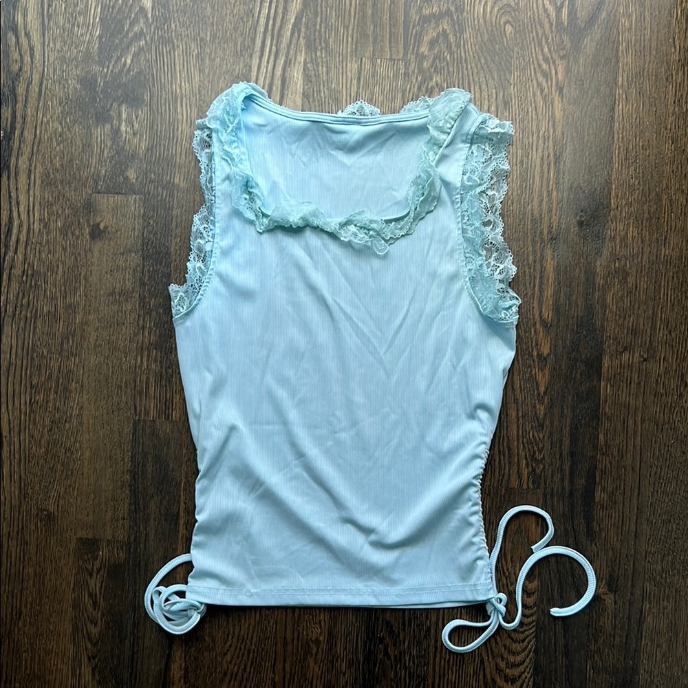 Women’s Light Blue Lace Trim Tank Top with scoop neck, cinched ties at waistline - Picture 3 of 7